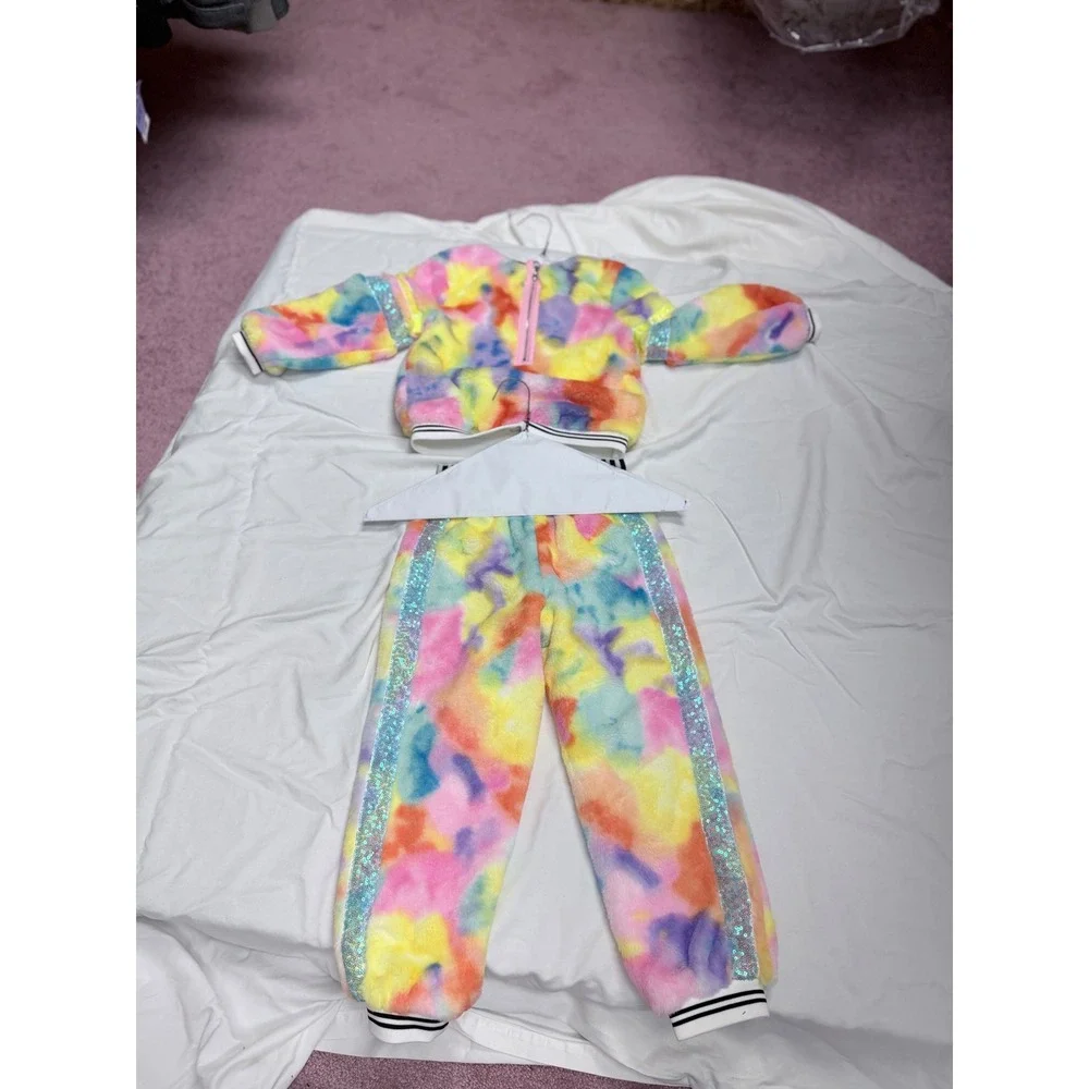 Baby Sara Kids Faux Fur Tie Dye Sequin Smiley Face Top and Pants Set Size 5